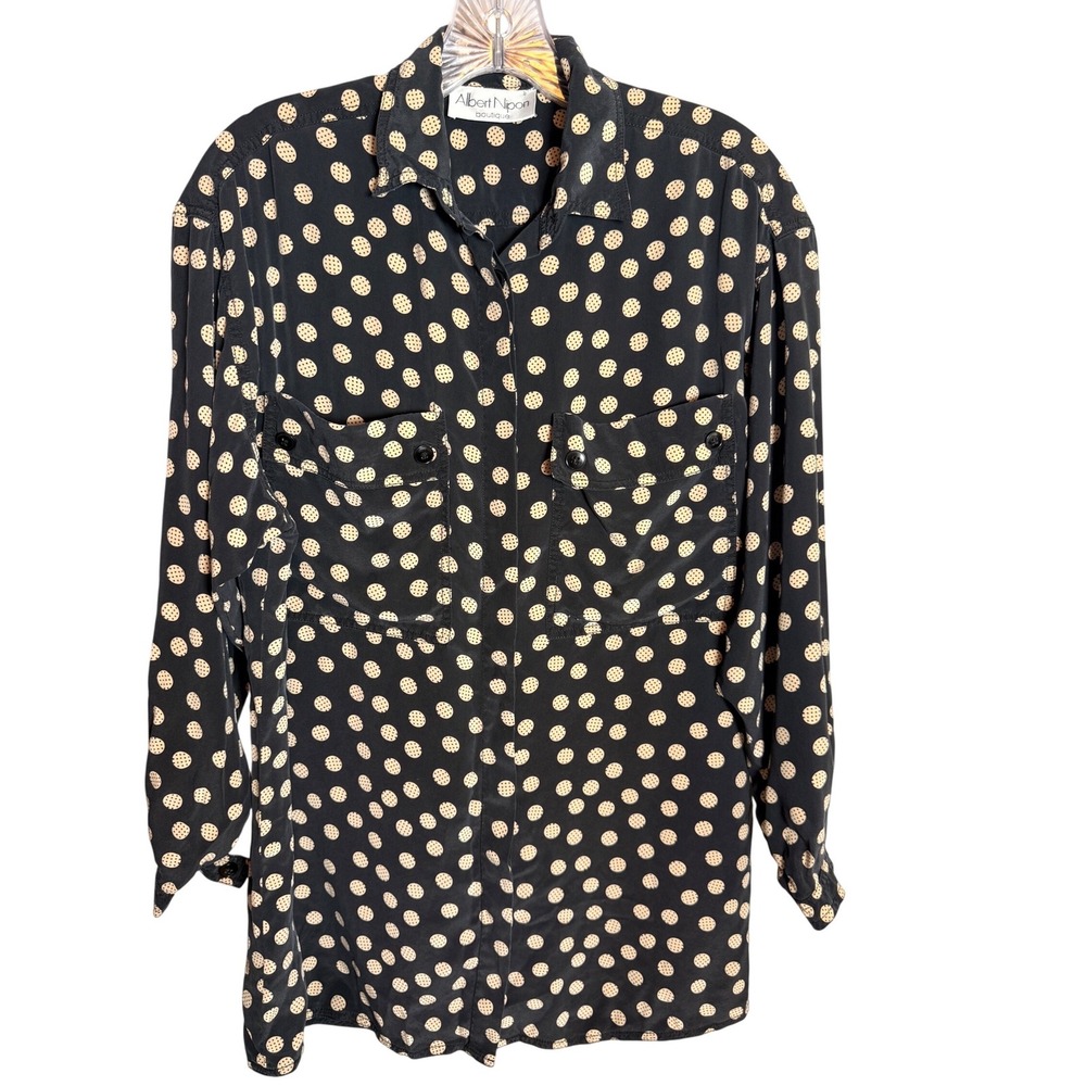 Albert Nipon Black 100% Silk Polka Dot‎ Vintage Blouse Size 4 Fits Modern Medium
